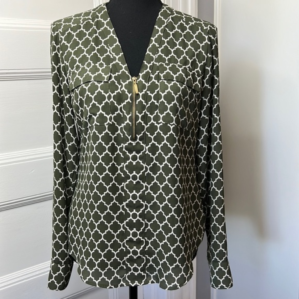 Express Olive Green and White Geometric Print Zip Blouse